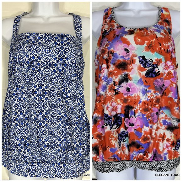 LOT of 2 Lands' End Blouson Tank Swim Top Women 12 Padded Cups Swimwear L - Picture 1 of 14